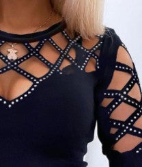 Women's Fall winter Hot Style Long-sleeved T-shirt Top With Hollow Hot Rhinestones Women