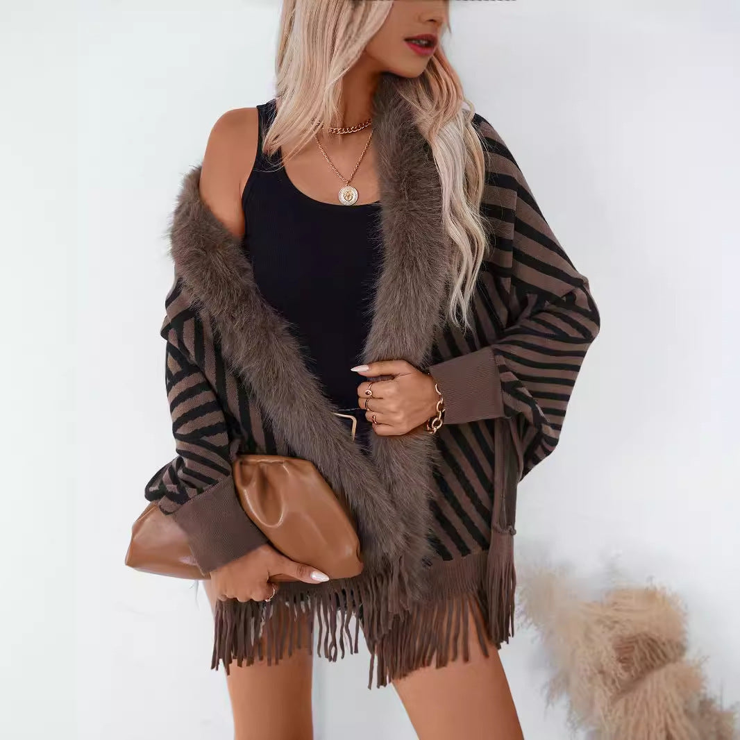 European And American Fall Winter Fashion Striped Tassel Knitted Shawl Cape