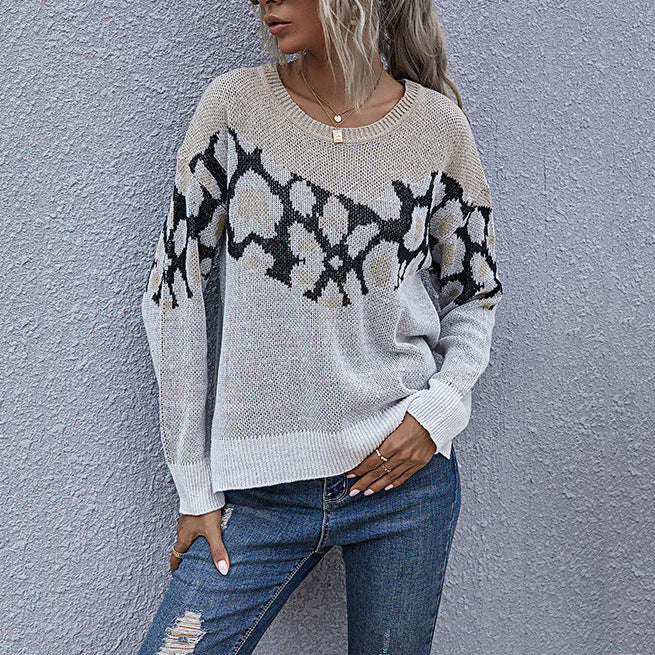 Women Animal Print Sweater Women Loose Round Neck
