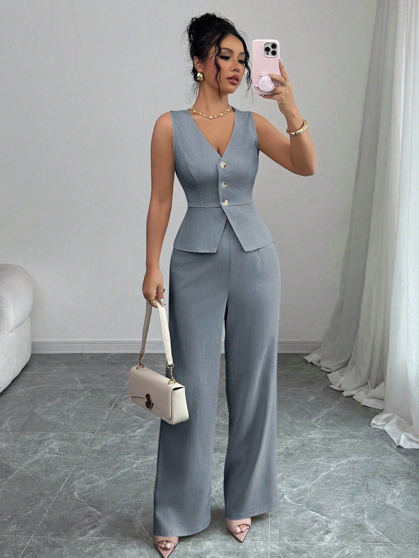 Solid Color Sleeveless Slim Fit Vest High Waist Trousers Two-piece Set