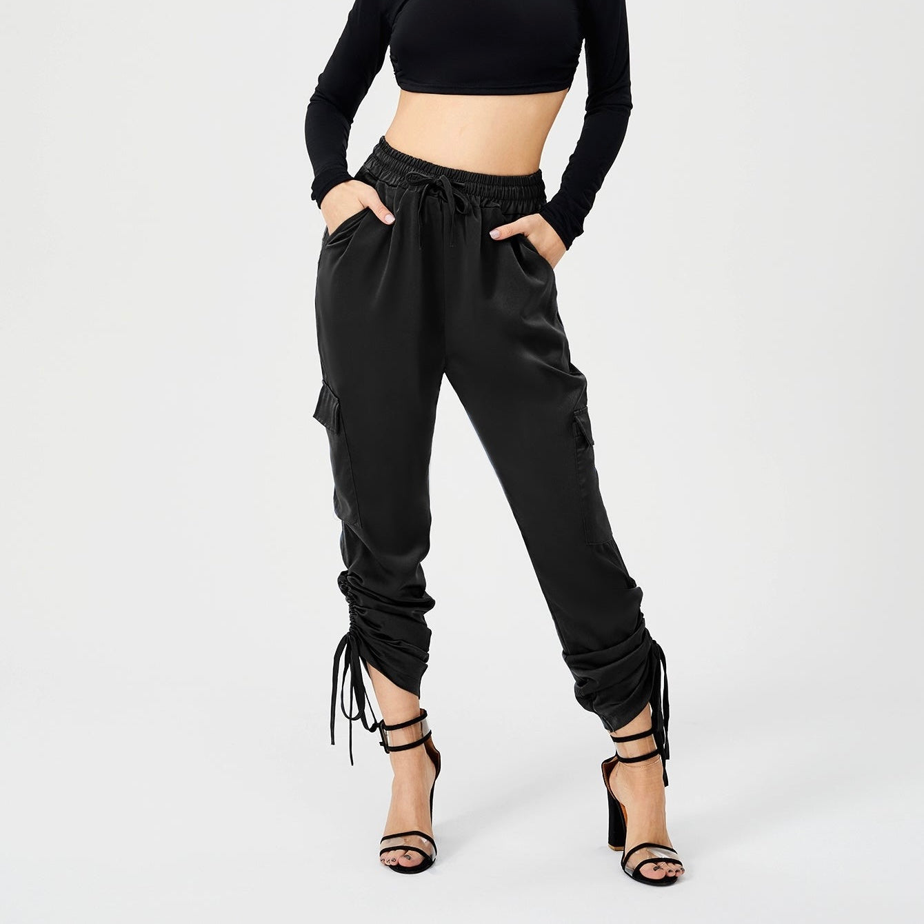 Women's Satin Jogger Pants Casual High Waist Long Lounge Pant Trousers With Pockets