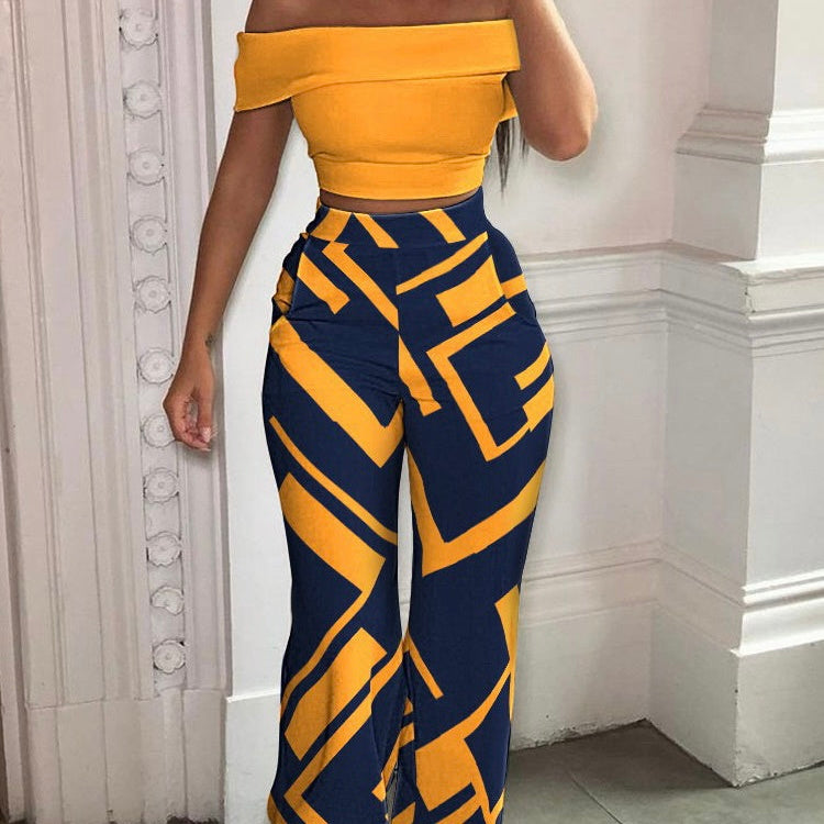 Women's Tropical Print Off-Shoulder Top And High Waist Pant Set