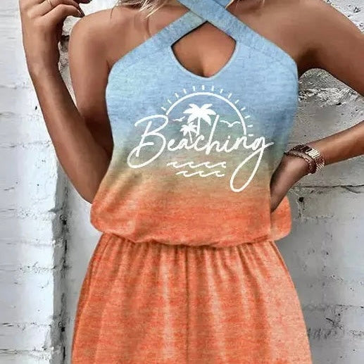 Ladies' Printed Neck Hanging Fashion Jumpsuit