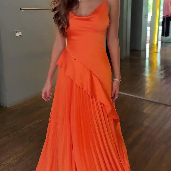 Orange Pleated Ruffled Backless Dress