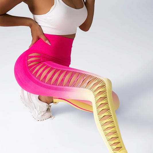 4 Pack Cut Out Ombre Gradient Color Hollow High-waist Butt-lifting Fitness Women's Yoga Pants, Women's High Waist Yoga Pants Cutout Ripped Super Soft And Comfortable Skinny Leggings