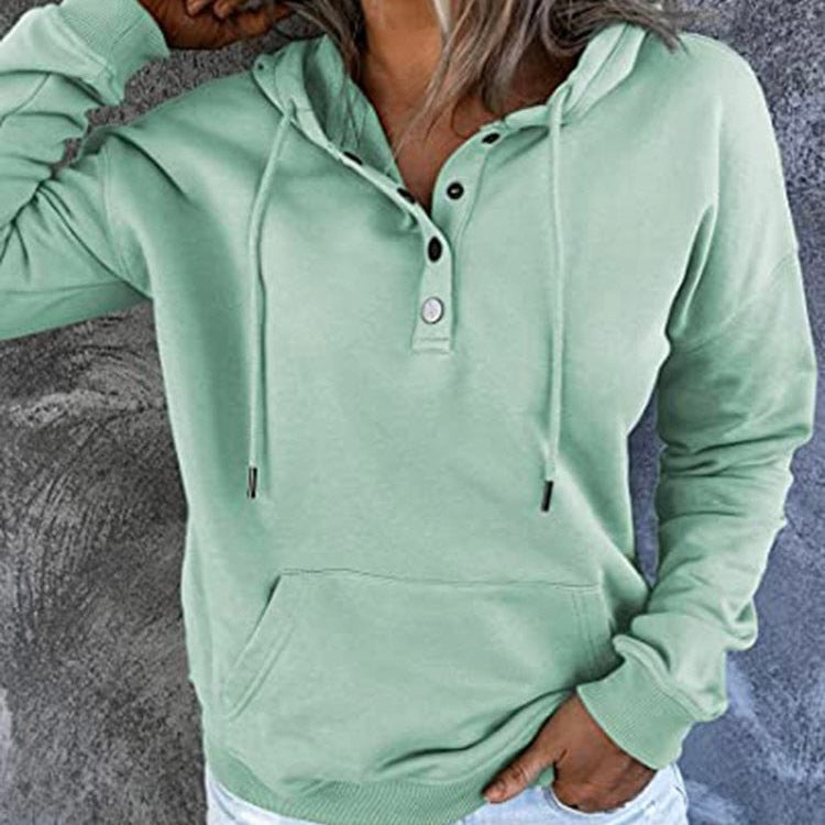 Long-sleeved Hooded Sweatshirt With Pockets Fashion Casual Button Drawstring Design Hoodie Top Spring And Autumn Sports Clothing For Women