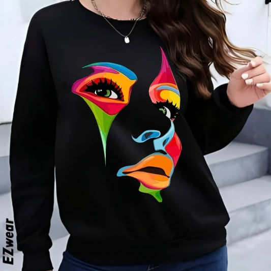 Ladies' Round Neck Face Printed Casual Fashion Hoodie