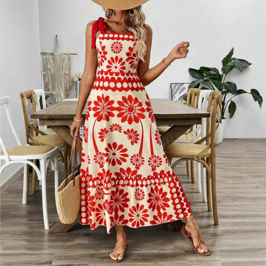Flower Printing Shoulder Girdle Waist Women's Dress