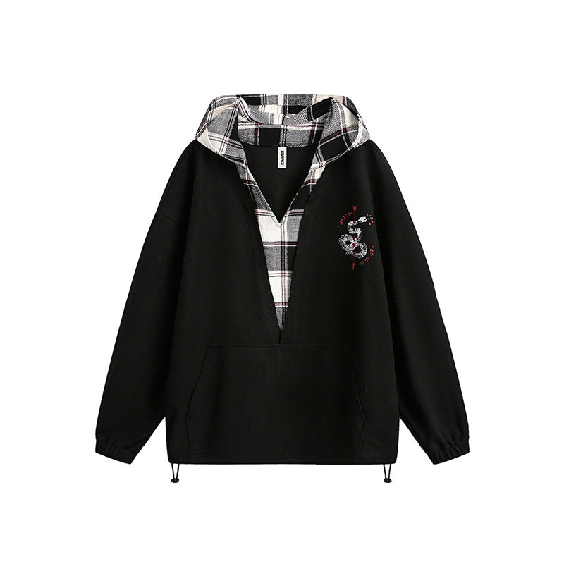 Japanese-style Retro Fake Two-piece Plaid Stitching Contrast Color Hooded Sweatshirt