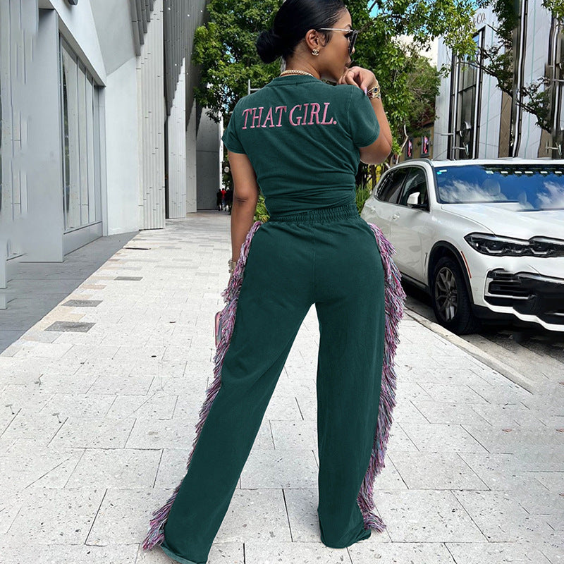 Round Neck Embroidered Short Sleeve T-shirt High Waist Multicolored Tassel Casual Pants