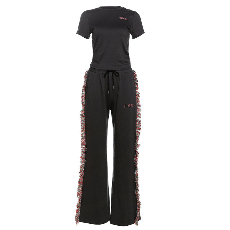 Round Neck Embroidered Short Sleeve T-shirt High Waist Multicolored Tassel Casual Pants