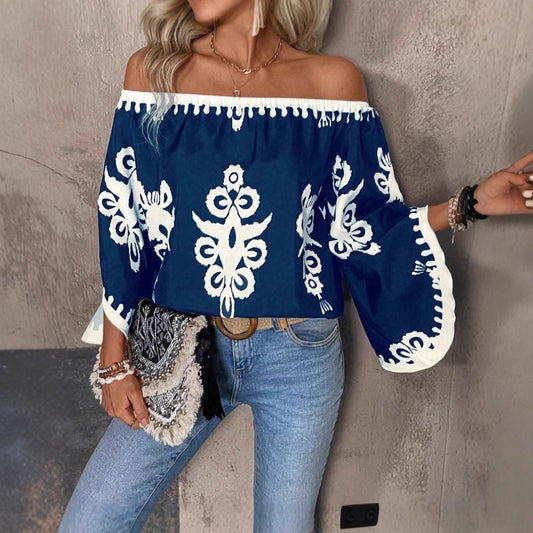Fashion Loose Print Off-shoulder Top Women