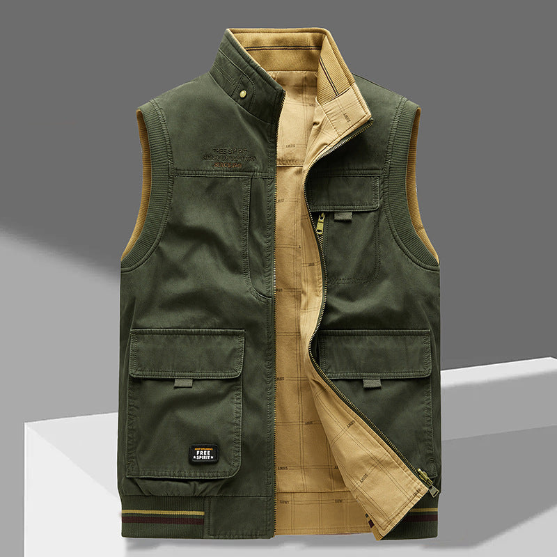 Double-sided Wear Vest Man Cotton Multi-pocket Waistcoat Outdoor