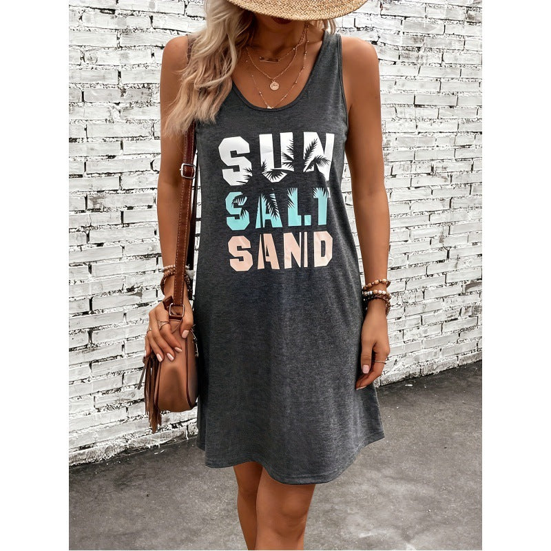 Knitted Printed Round Neck Sleeveless Simple All-match Dress