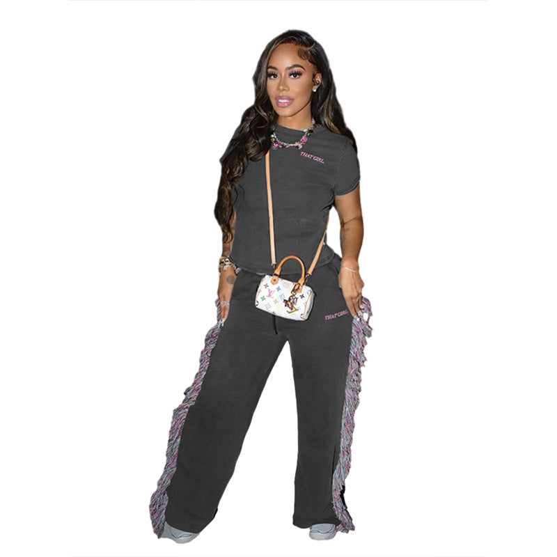 Round Neck Embroidered Short Sleeve T-shirt High Waist Multicolored Tassel Casual Pants