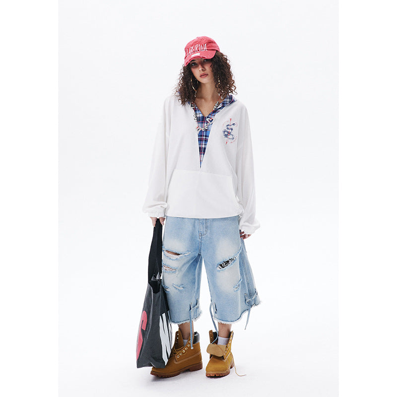 Japanese-style Retro Fake Two-piece Plaid Stitching Contrast Color Hooded Sweatshirt