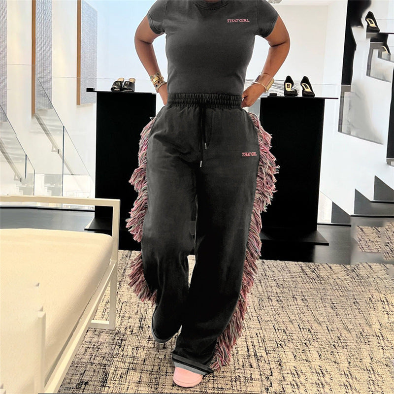 Round Neck Embroidered Short Sleeve T-shirt High Waist Multicolored Tassel Casual Pants