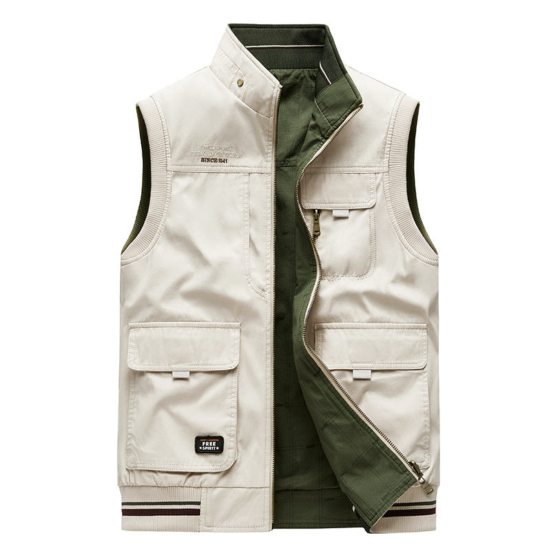 Double-sided Wear Vest Man Cotton Multi-pocket Waistcoat Outdoor