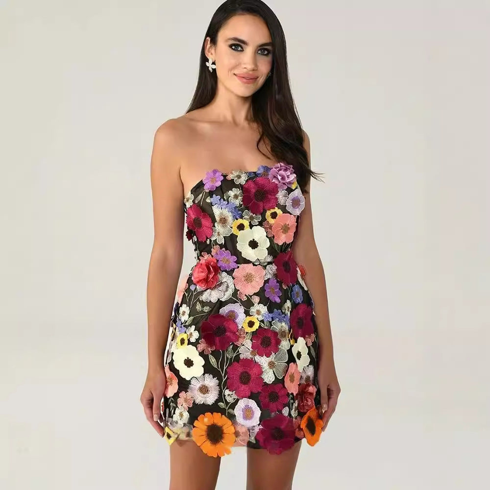 Embroidery Stitching Flowers Tube Top Package Hip Dress