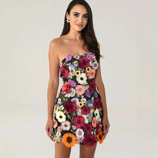 Embroidery Stitching Flowers Tube Top Package Hip Dress