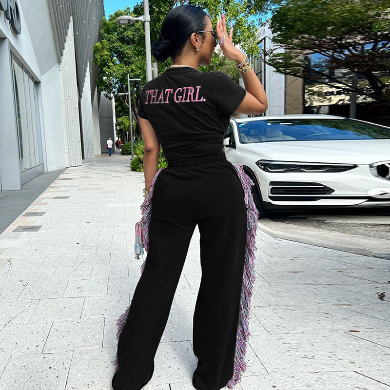 Round Neck Embroidered Short Sleeve T-shirt High Waist Multicolored Tassel Casual Pants