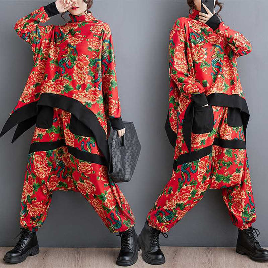 Fashion Peony Big Flower Youthful-looking Loose Top Baggy Pants Two-piece Set
