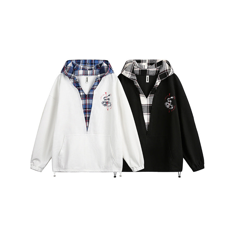 Japanese-style Retro Fake Two-piece Plaid Stitching Contrast Color Hooded Sweatshirt