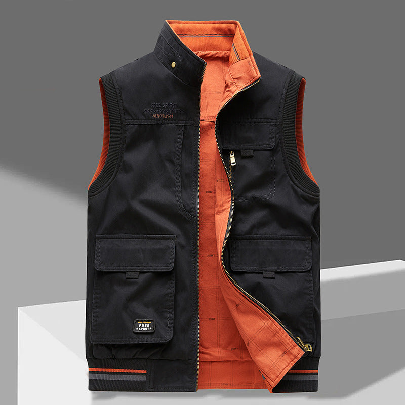 Double-sided Wear Vest Man Cotton Multi-pocket Waistcoat Outdoor