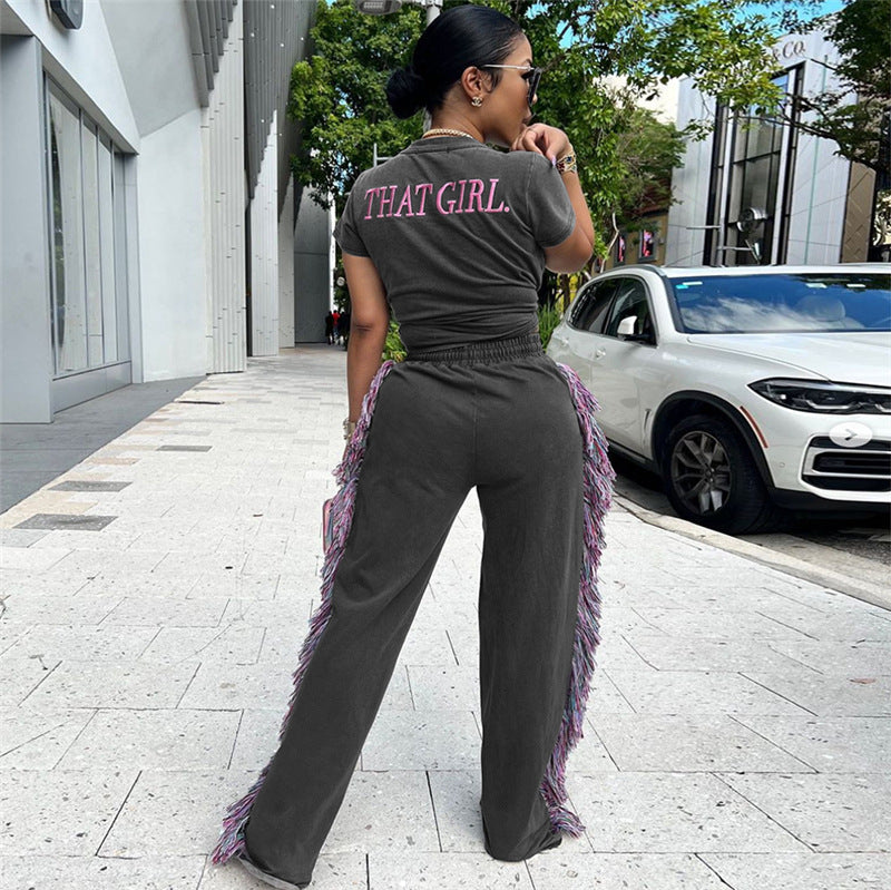 Round Neck Embroidered Short Sleeve T-shirt High Waist Multicolored Tassel Casual Pants