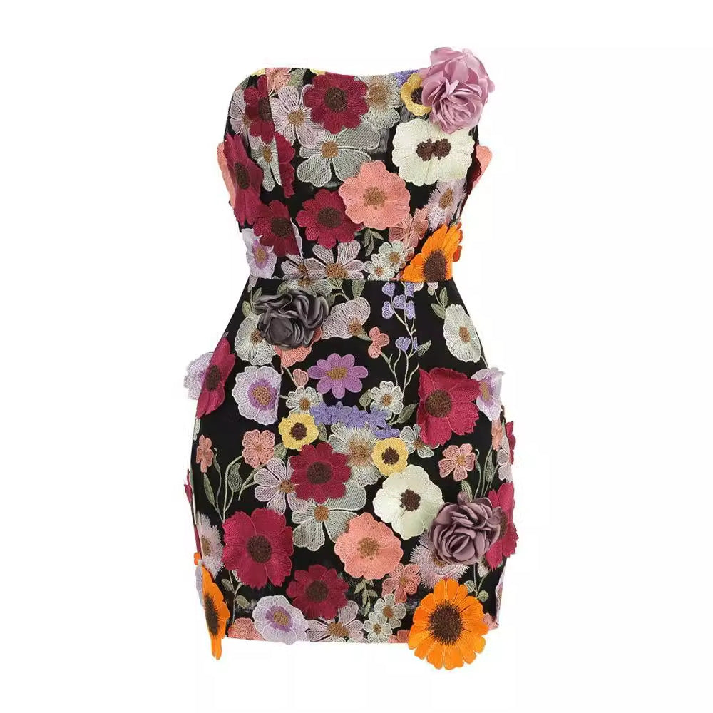 Embroidery Stitching Flowers Tube Top Package Hip Dress