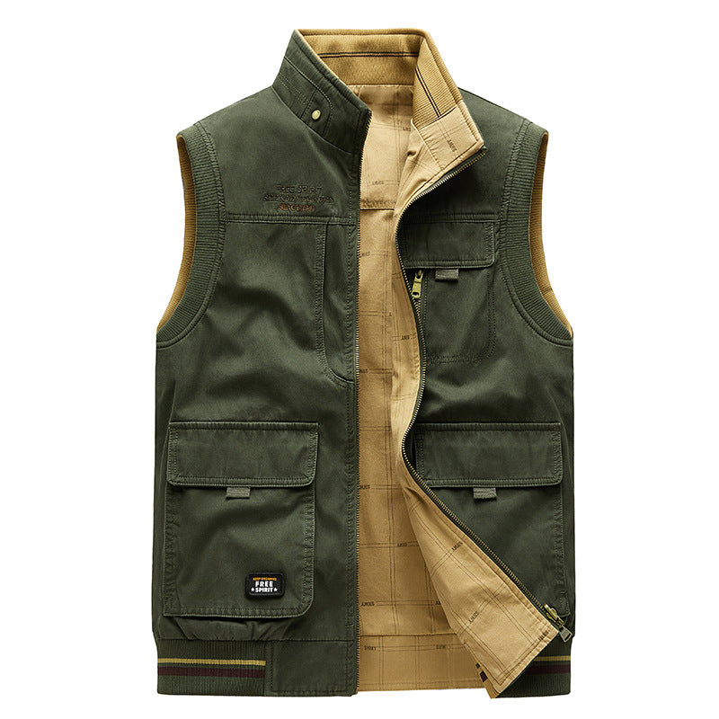 Double-sided Wear Vest Man Cotton Multi-pocket Waistcoat Outdoor