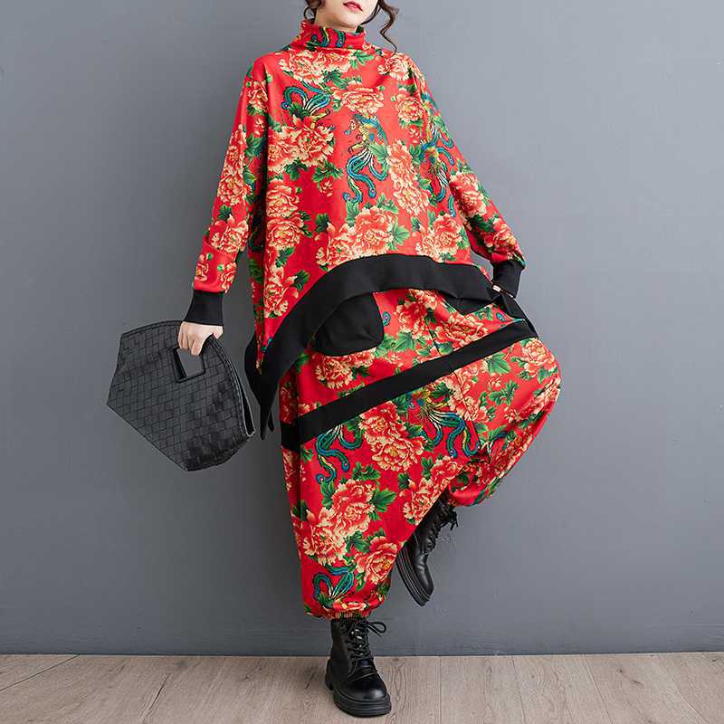 Fashion Peony Big Flower Youthful-looking Loose Top Baggy Pants Two-piece Set