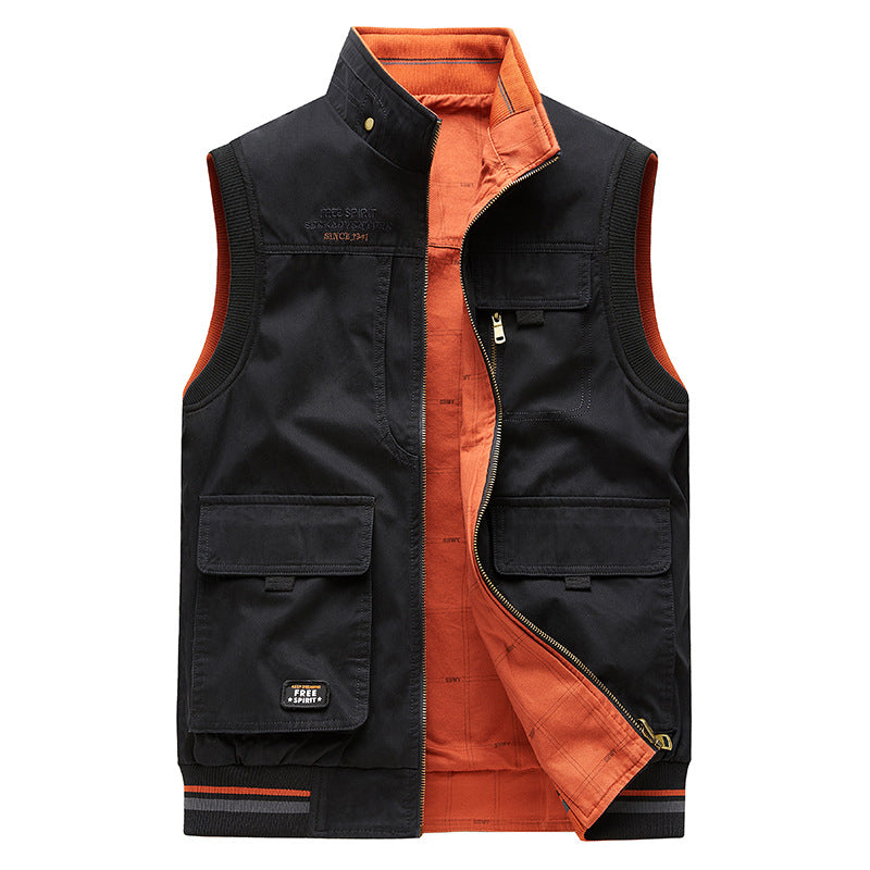 Double-sided Wear Vest Man Cotton Multi-pocket Waistcoat Outdoor