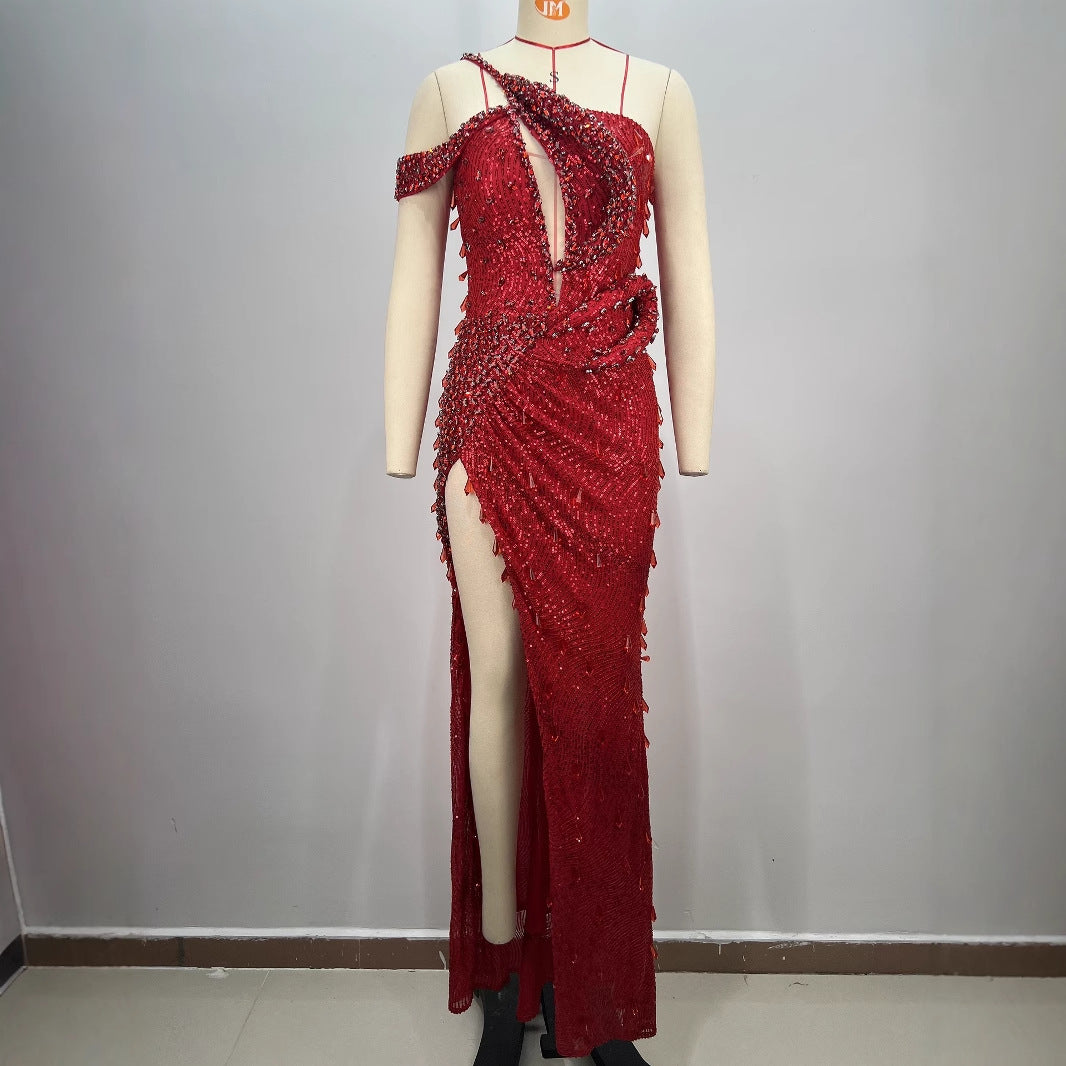 Luxury Ruby Sexy Cutout Shoulder High Slit Dress