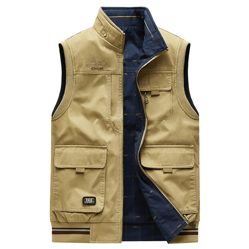 Double-sided Wear Vest Man Cotton Multi-pocket Waistcoat Outdoor