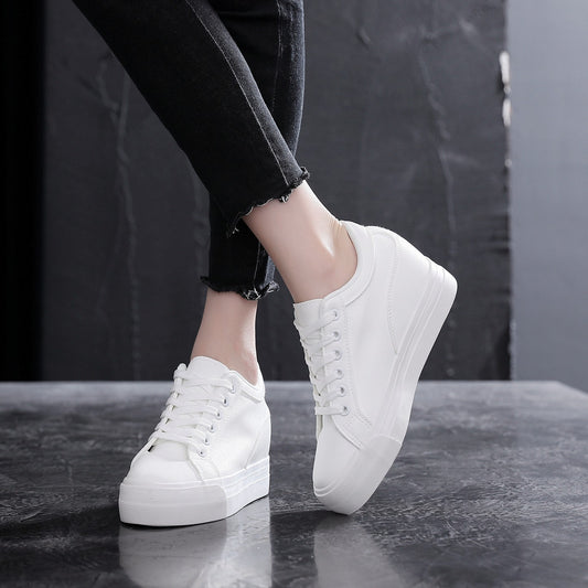 Soft Leather White Thick Bottom Height Increasing Insole Canvas Shoes