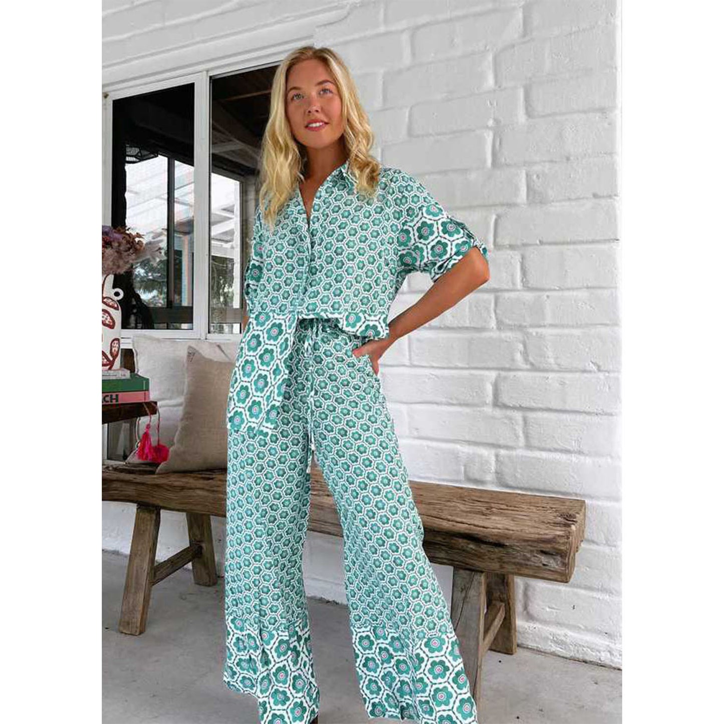 Printed Casual Fashion Shirt Wide Leg Pants Suit