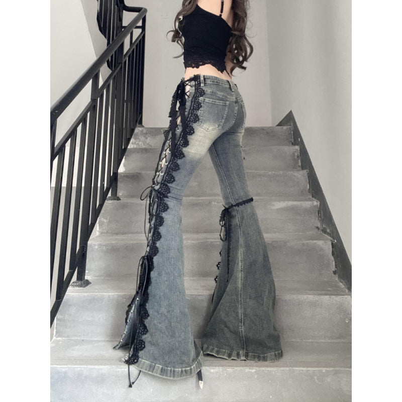 Vintage Plus Size Lace Strap Split Jeans