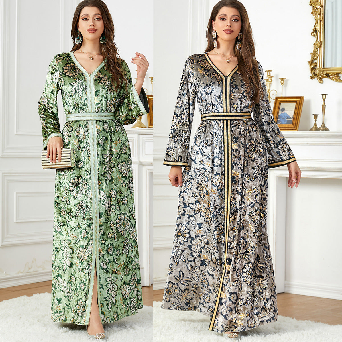 Arabian Autumn And Winter Printing Velvet Dress