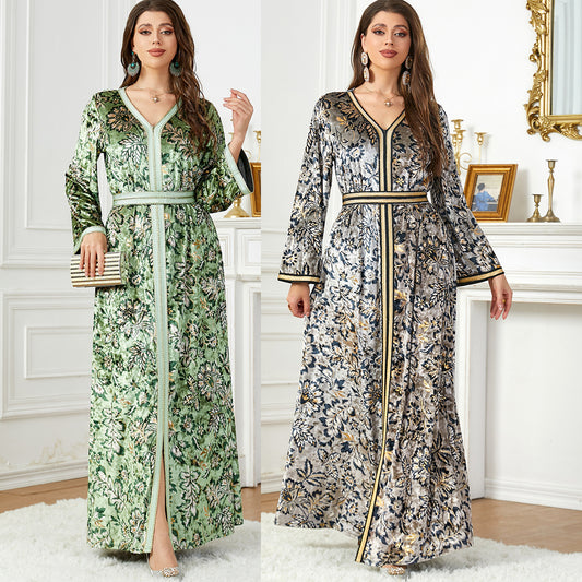 Arabian Autumn And Winter Printing Velvet Dress