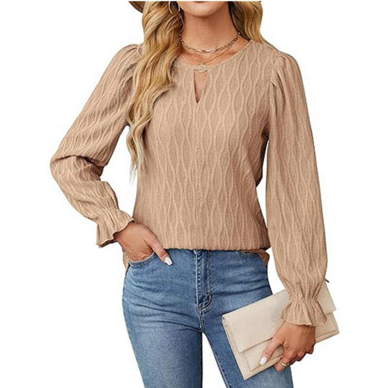 Jacquard Round Neck Long Sleeve Top Women's Clothing