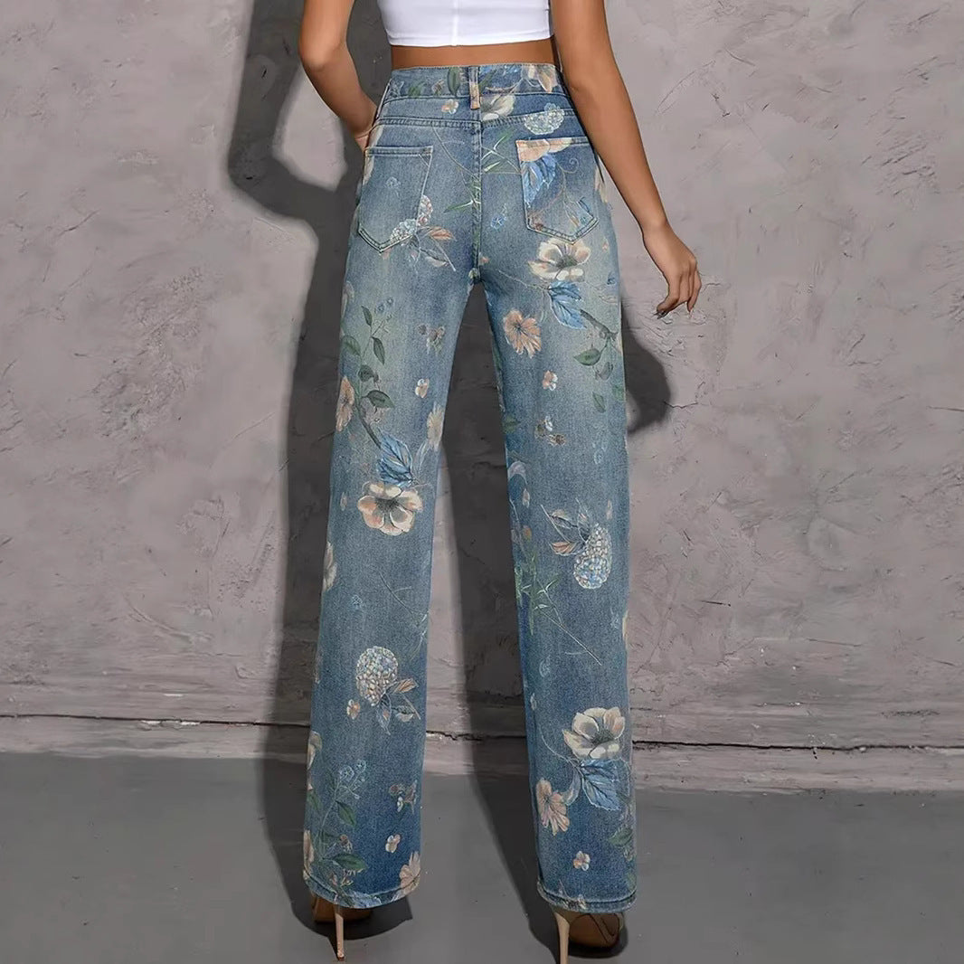 European And American Ladies Printed Pattern Casual Straight-leg Denim Trousers