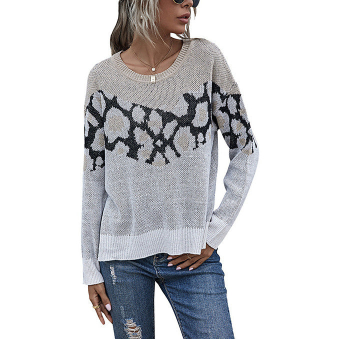 Women Animal Print Sweater Women Loose Round Neck