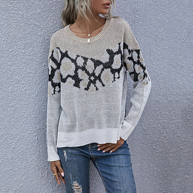 Women Animal Print Sweater Women Loose Round Neck