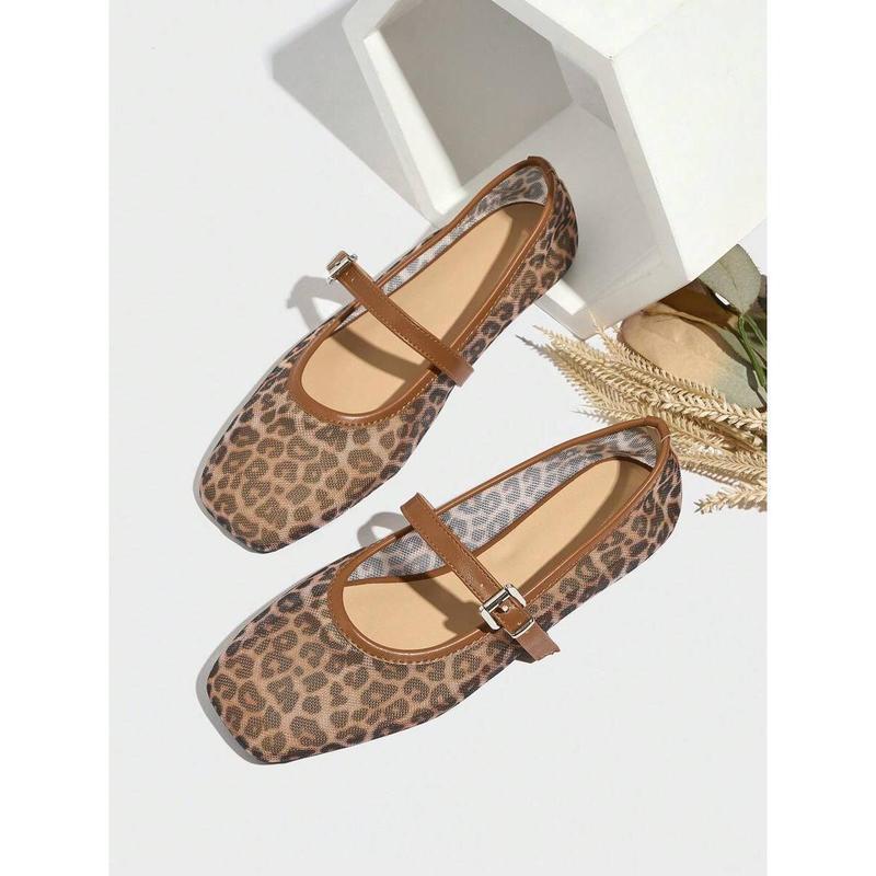 Leopard Print Mesh Breathable Women's Flat Sandals Mary Jane