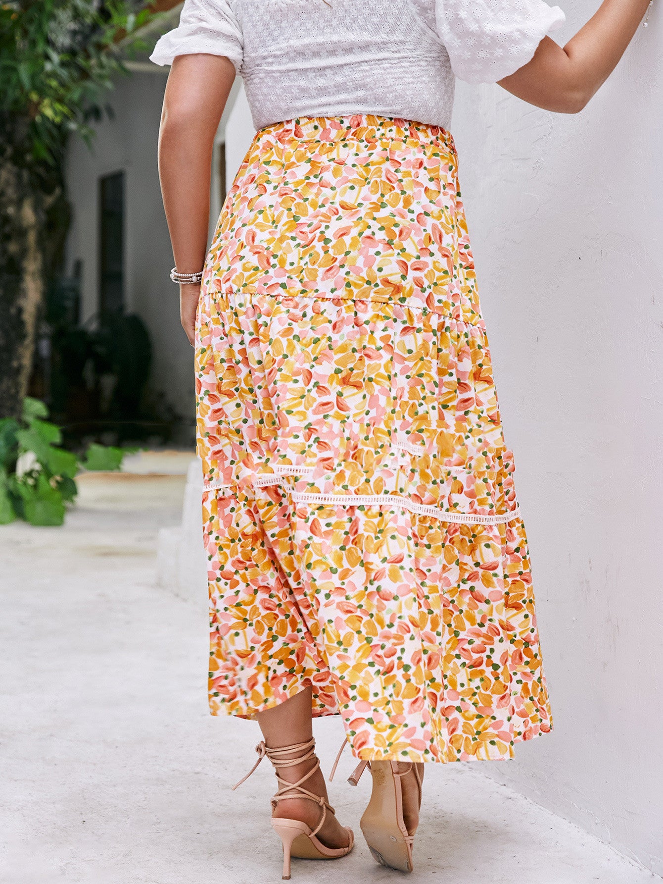 High Waist Printed Yellow Chiffon Sweet Irregular Maxi Dress
