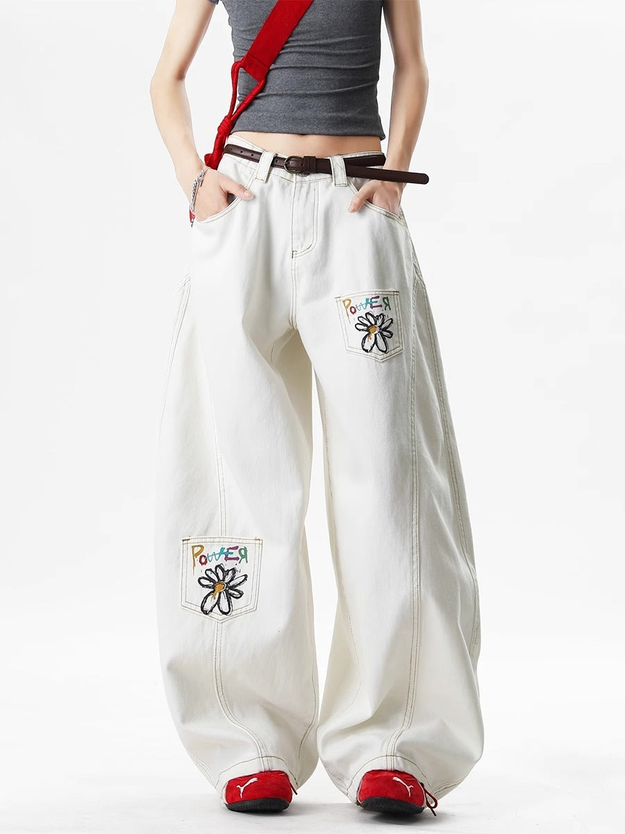 Women's American-style Retro Flower Embroidered Printed White Jeans
