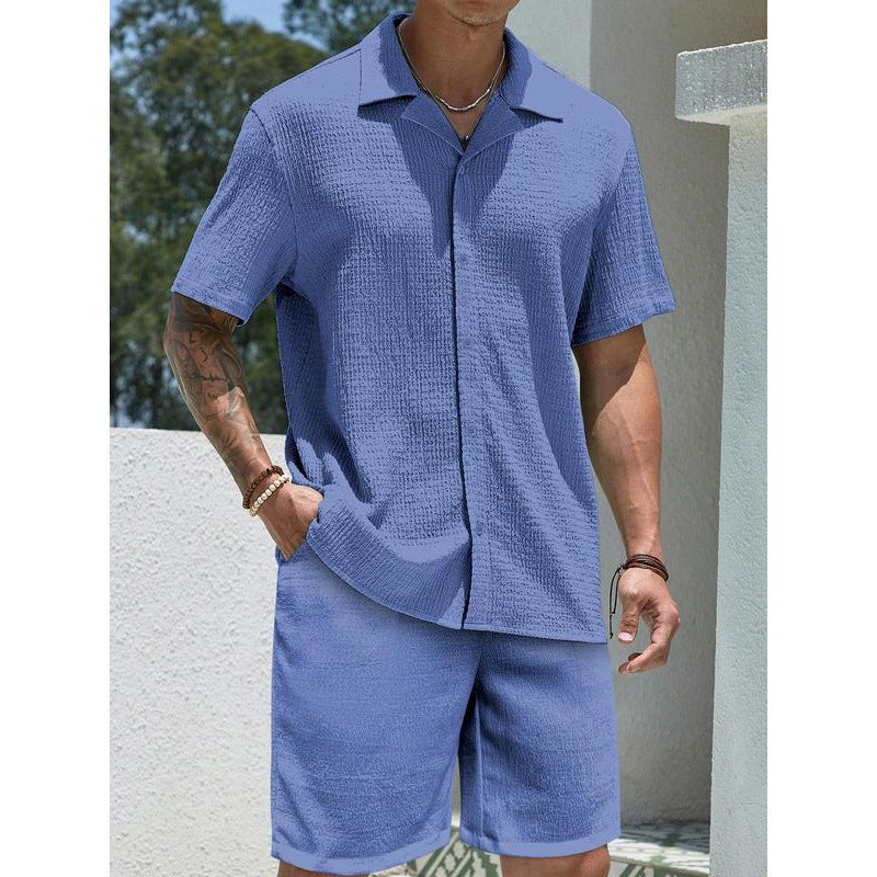 Single Suite Men's Solid Color Shirt And Shorts Two-piece Set