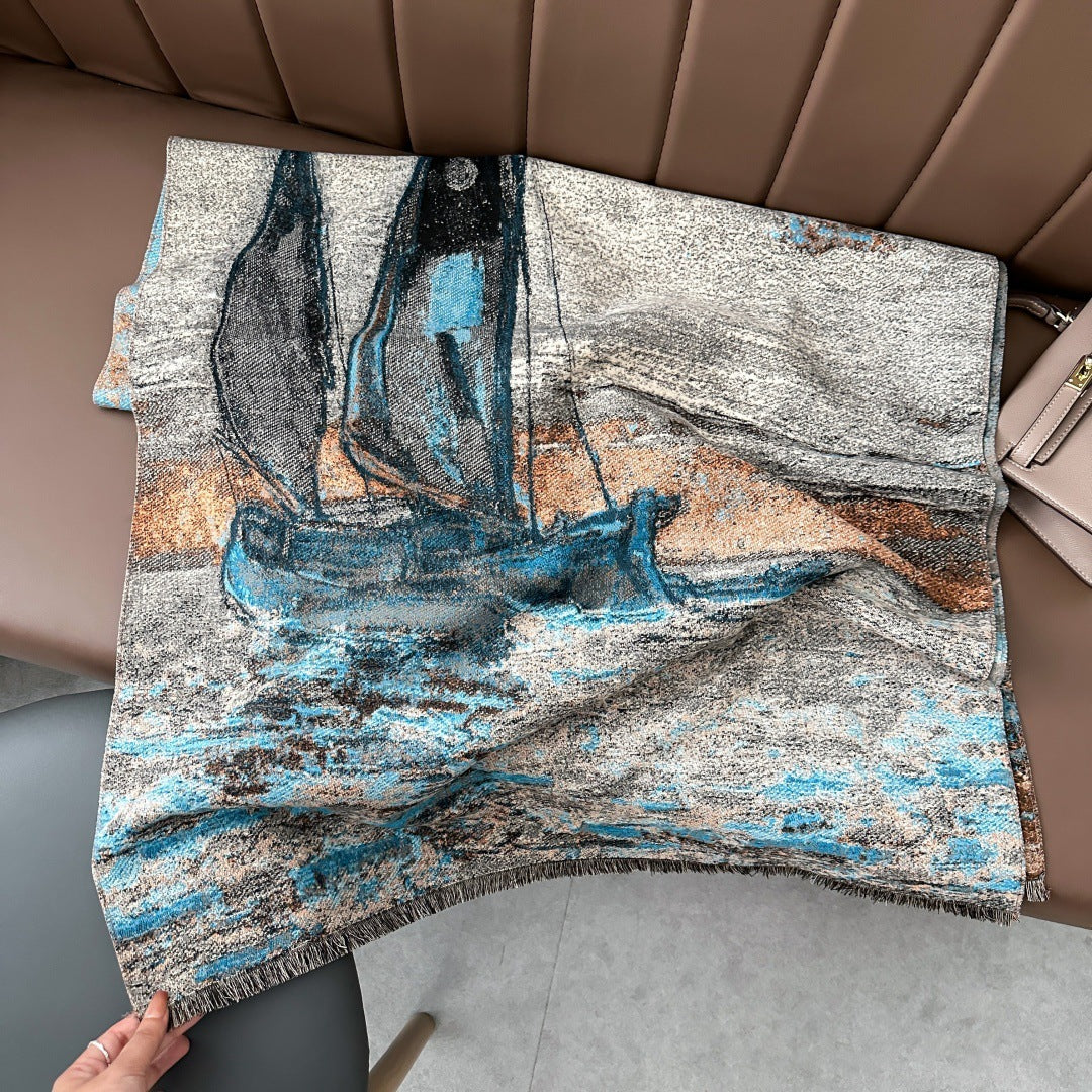 Winter Shawl Scarf Women's Oil Painting Sailing Shawl