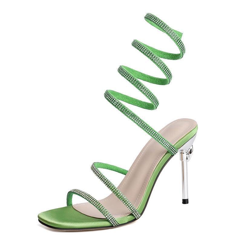 Rhinestone Snake-shaped Winding Tape Hollow Stiletto Heel High Heel Sandals